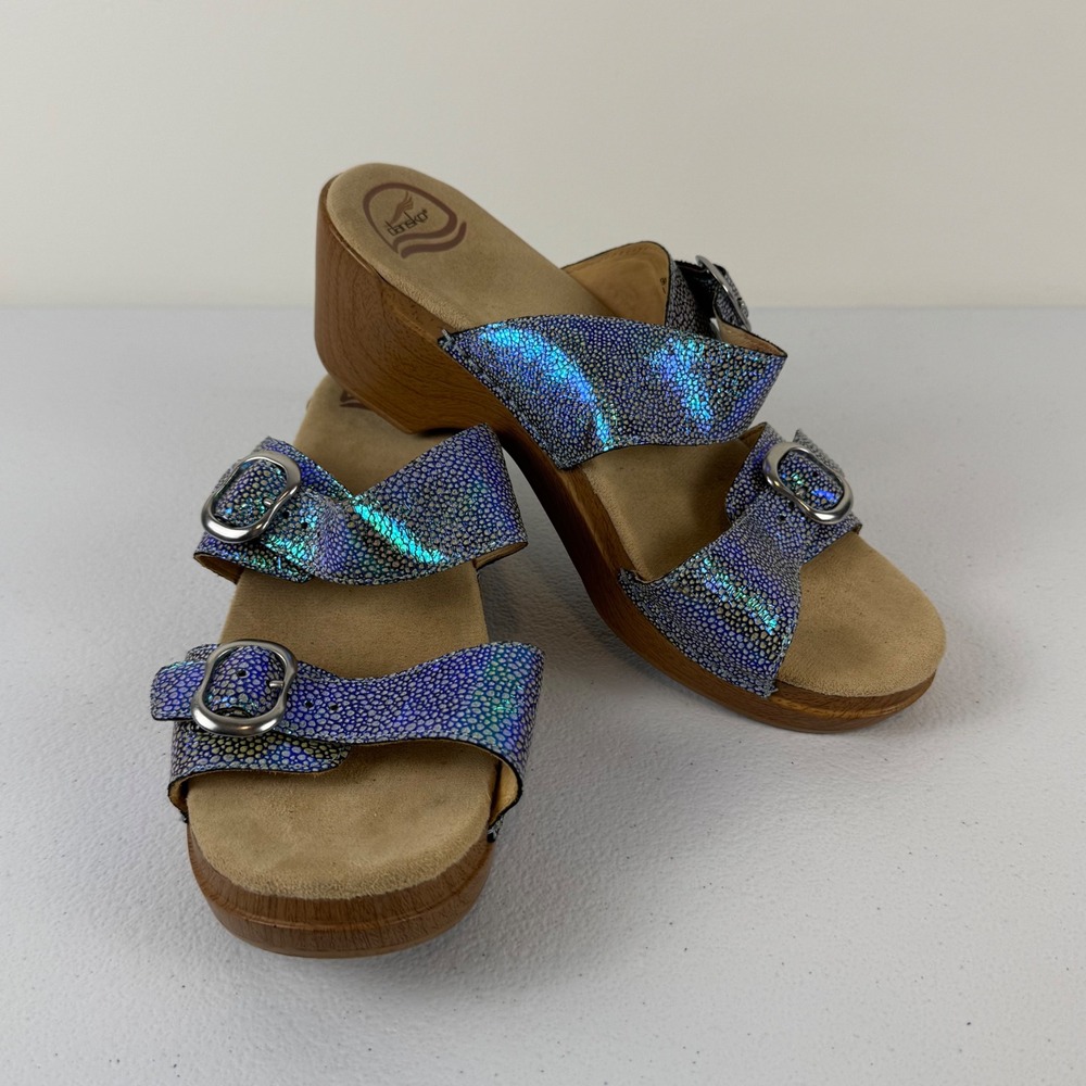 Dansko Womens 41 Iridescent Blue Purple Pebbled Leather Wedge Slide Sandals 10.5